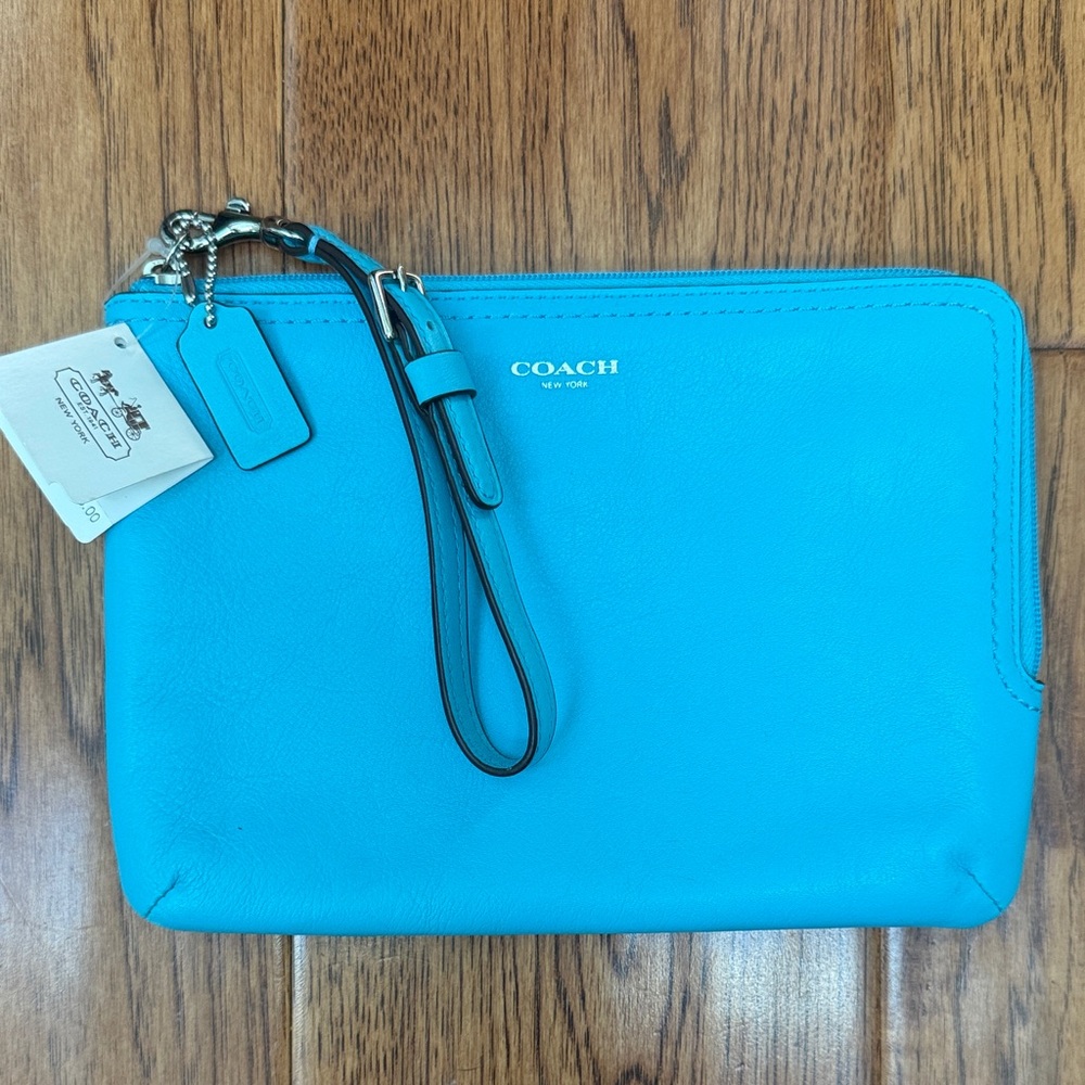 Coach Turquoise Leather Zippered Purse Wristlet BNWT